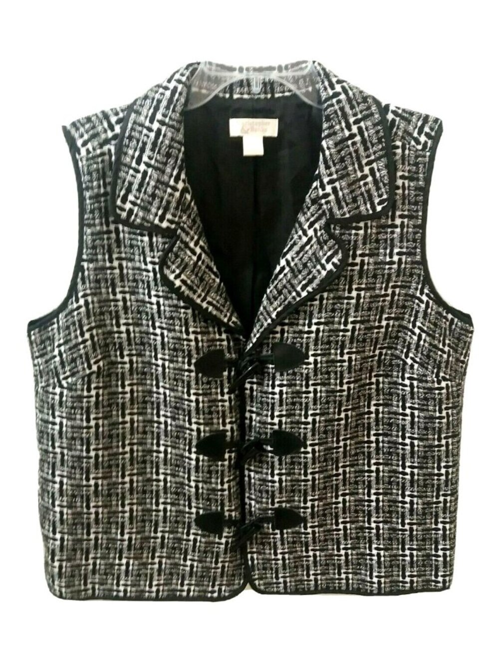 Vintage Black White Vest Large Christopher & Banks Twill Woven Toggle Buttons